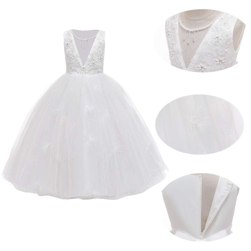 MYRISAM Little Girls Applique Princess Dress Bridesmaid Wedding Party Pageant Birthday Formal Dance Long Maxi Tulle Gown White 11-12T - Image 5